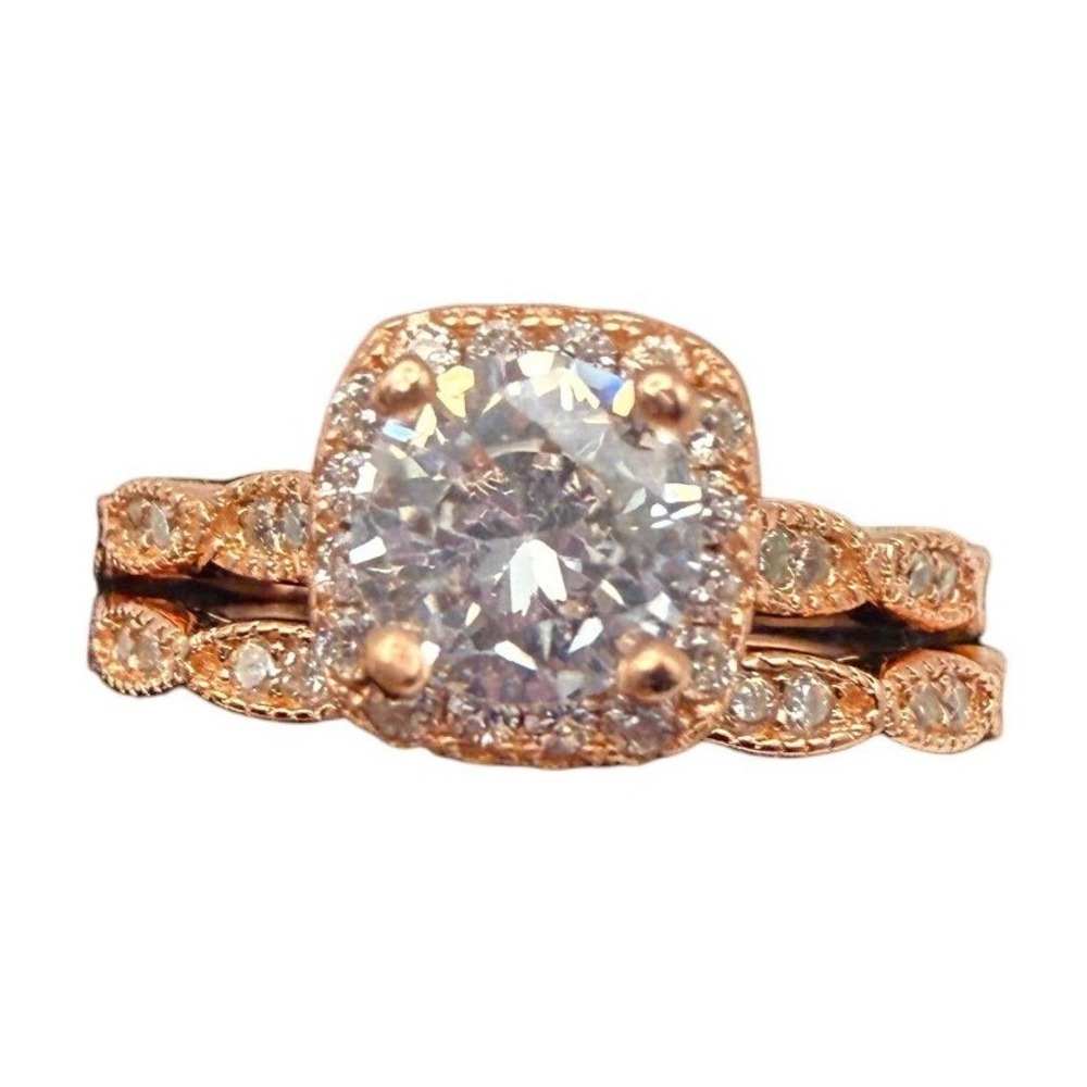 Rose‎ Gold Halo Bridal Ring Set Round Cubic Zirconia Wedding Band Sz 4